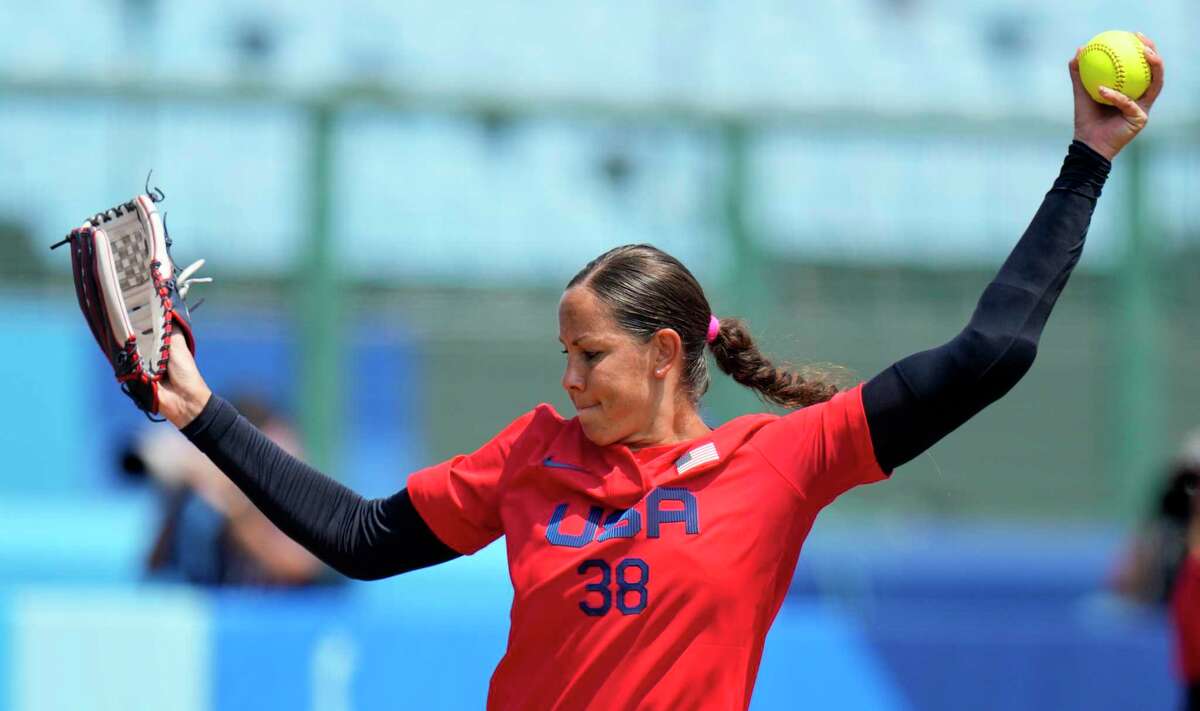 United States' Cat Osterman pitches during the softball game between Italy and the United States at the 2020 Summer Olympics.