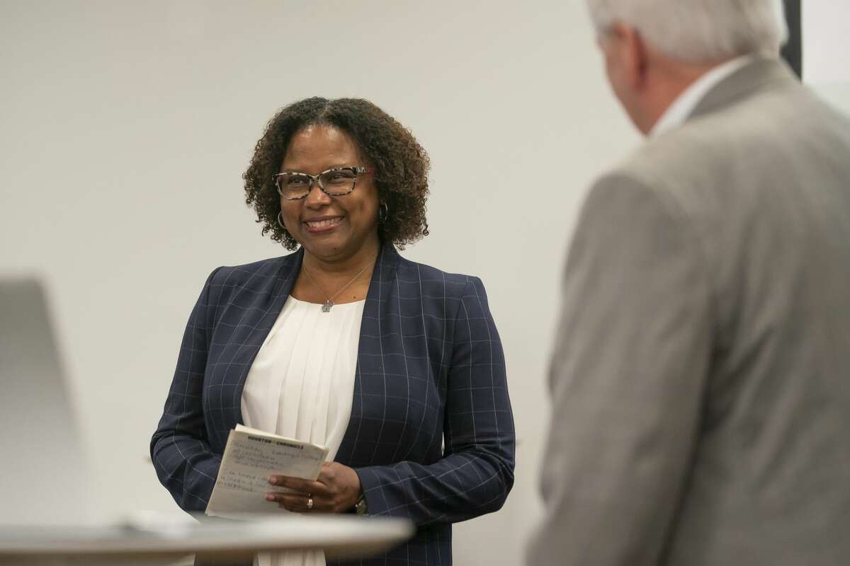 Maria Reeve celebrates as she is named the executive editor of the Houston Chronicle on Tuesday, July 20, 2021, at the Chronicle's Houston office.