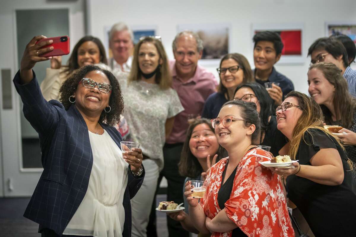 Maria Reeve celebrates as she is named the executive editor of the Houston Chronicle, Tuesday, July 20, 2021, at the Chronicle's Houston office. Reeve has served as a Pulitzer Prize juror and has been active in the National Association of Black Journalists. The South Carolina native becomes the first person of color named as editor of the 120-year-old Houston daily.