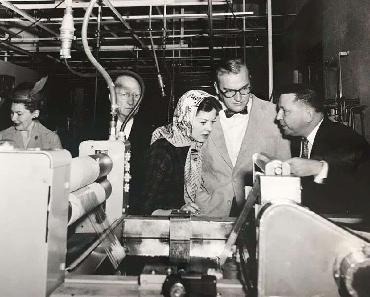 Unknown woman, Charles Strosacker, Pamela and Dave Garroway and Walt Klein at Dow Chemical Co. Saran Wrap plant. (circa 1950s, submitted by Karen Postma of Midland)