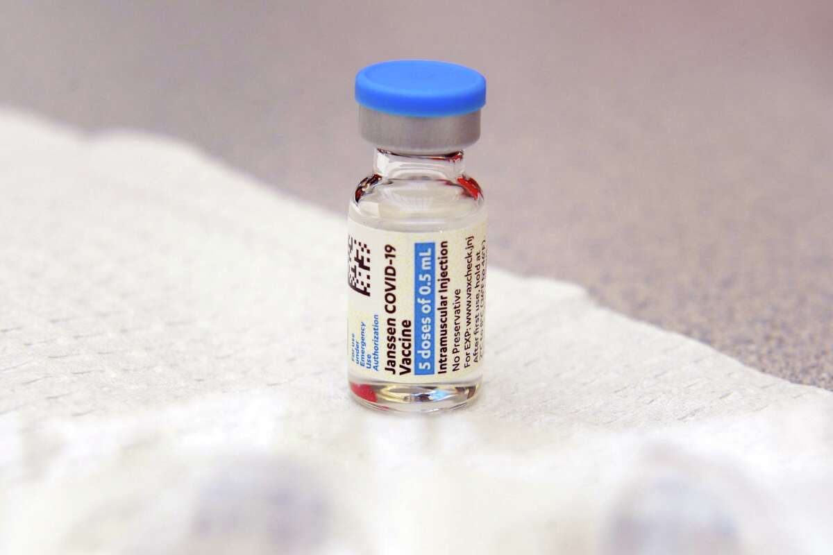 A vial of the new Johnson & Johnson COVID-19 vaccine at the vaccination clinic held for teachers and school staff in Trumbull, Conn. March 4, 2021.
