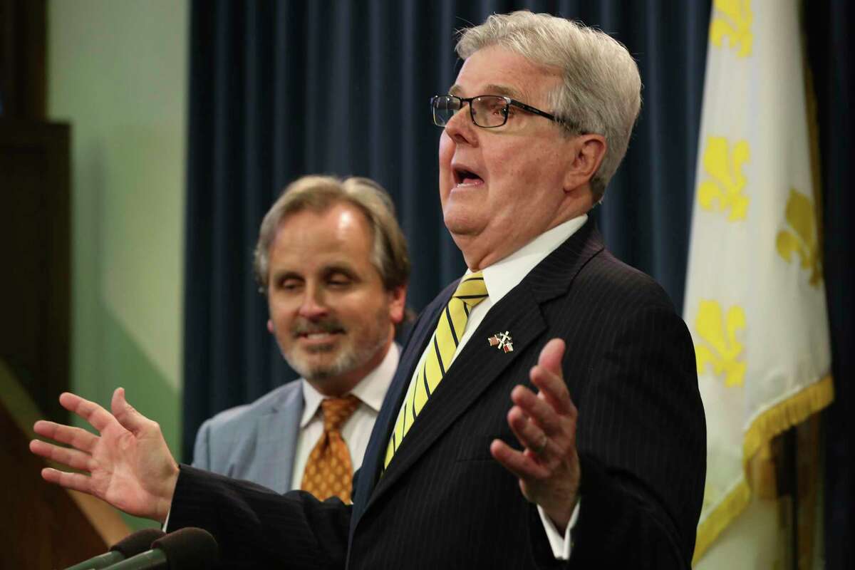 Texas Lt. Gov. Dan Patrick makes a point during a news conference in July.