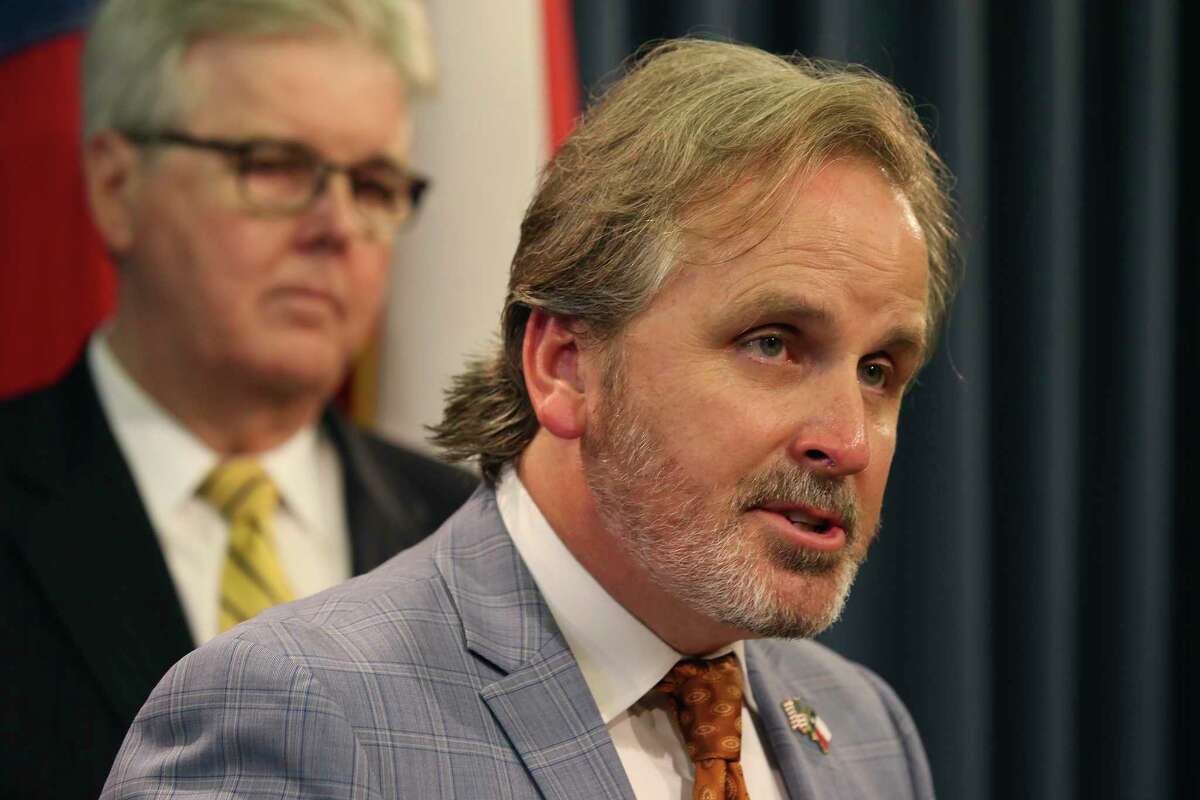 Texas State Sen. Bryan Hughes, (R-Mineola), addresses the media during a press conference at the State Capitol, Wednesday, July 21, 2021. Joining him was Lt. Gov. Dan Patrick.