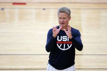 LAS VEGAS, NEVADA - JULY 06: Assistant coach Steve Kerr of the 2021 USA Basketball Men's National Team speaks during a practice at the Mendenhall Center at UNLV as the team gets ready for the Tokyo Olympics on July 6, 2021 in Las Vegas, Nevada. (Photo by Ethan Miller/Getty Images)