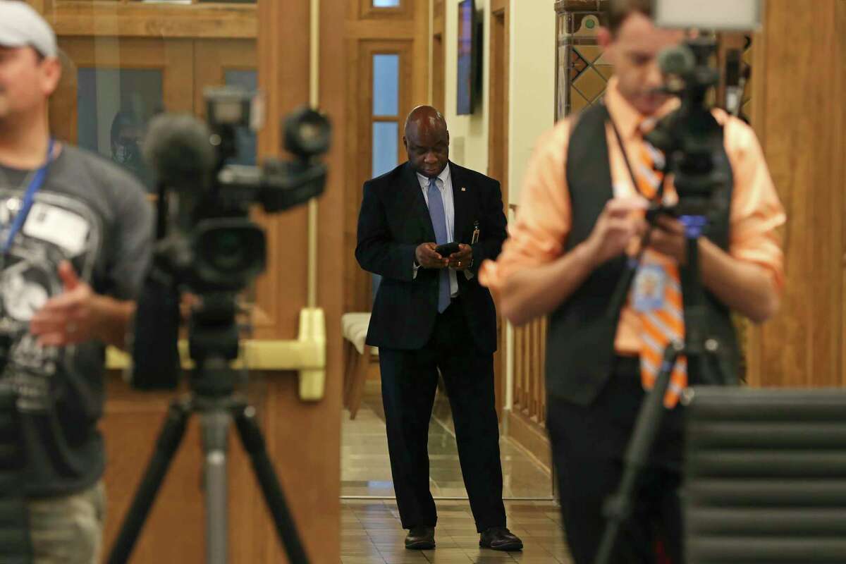 Claude A. Jacob waits to enter the City Hall media briefing room before his introduction as the new San Antonio Metropolitan Health District director, Thursday, July 22, 2021. The introduction was made by City Manager Erik Walsh. His appointment comes as COVID-19 is back on the rise and after the department has dealt with the pandemic for more than a year, during which it has seen some major leadership shakeups. Jacob was the chief public health officer for Cambridge, Massachusetts.