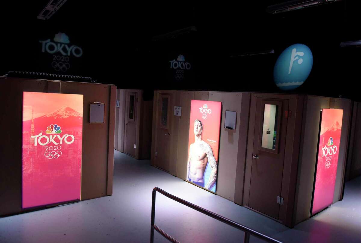 Soundproof announcer booths are set up for Olympic coverage at NBC Sports headquarters in Stamford, Conn. Tuesday, July 13, 2021. NBC Sports is preparing to cover the Tokyo 2020 Olympic Games, which were postponed a year, in a different way than usual due to the lingering pandemic.