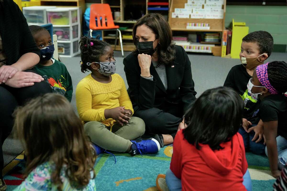 Vice President Kamala Harris visits with preschool students in West Haven (Conn.) in March.