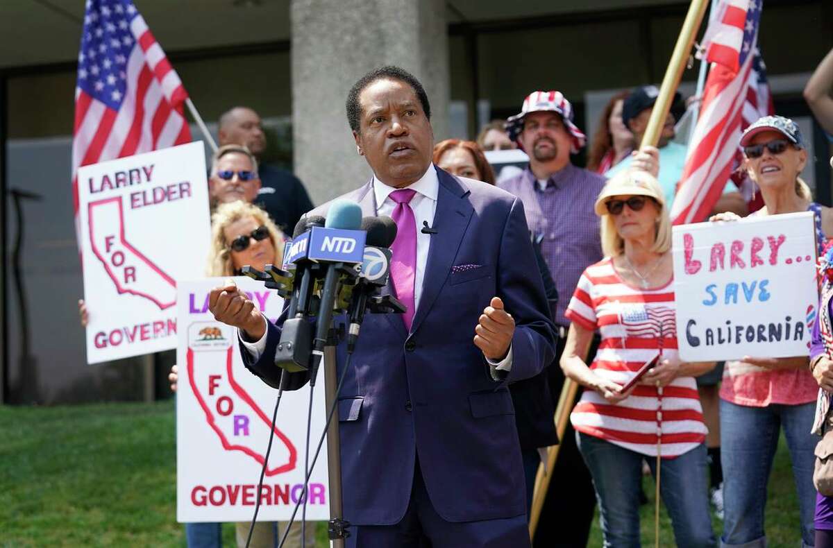Radio talk show host and Republican gubernatorial hopeful Larry Elder speaks to supporters this month in Norwalk (Los Angeles County).