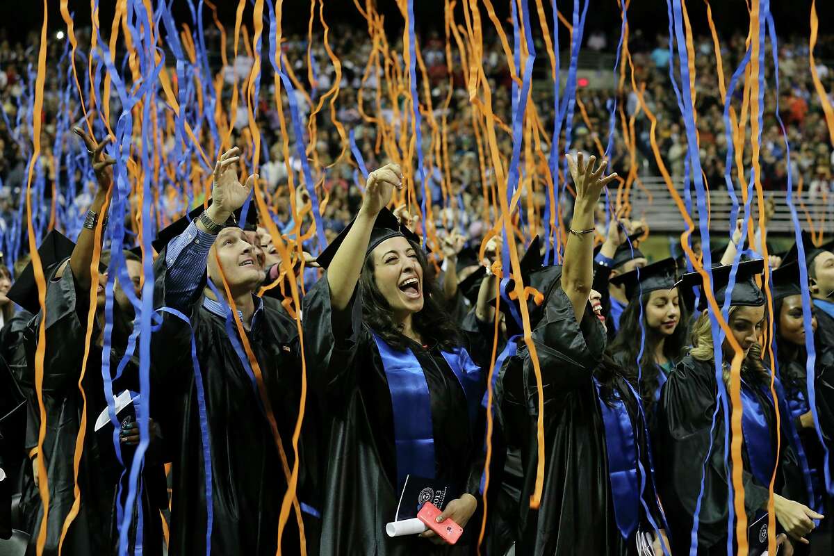 Hispanics have made astounding gains in education in recent years, reflecting America’s traditional immigrant story. Here, University of Texas at San Antonio graduates celebrate in 2013.