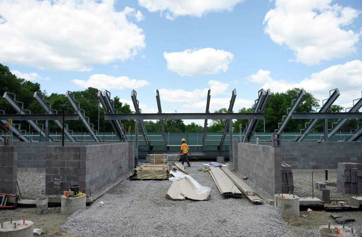 Construction is underway on the bleachers at Greenwich High School's Cardinal Stadium in Greenwich, Conn. Wednesday, June 16, 2021. While the bleachers will not be done in time for next week's graduation, the beginning of the physical construction marks a major milestone in the Cardinal Stadium improvement project.
