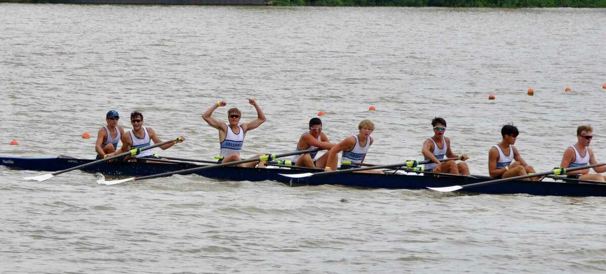 The Greenwich men's U19 8+ boat celebrate after setting the junior national record in 5:44.207 at the USRowing Summer Nationals in New Jersey. Greenwich won the Nationals for the first time in program history.