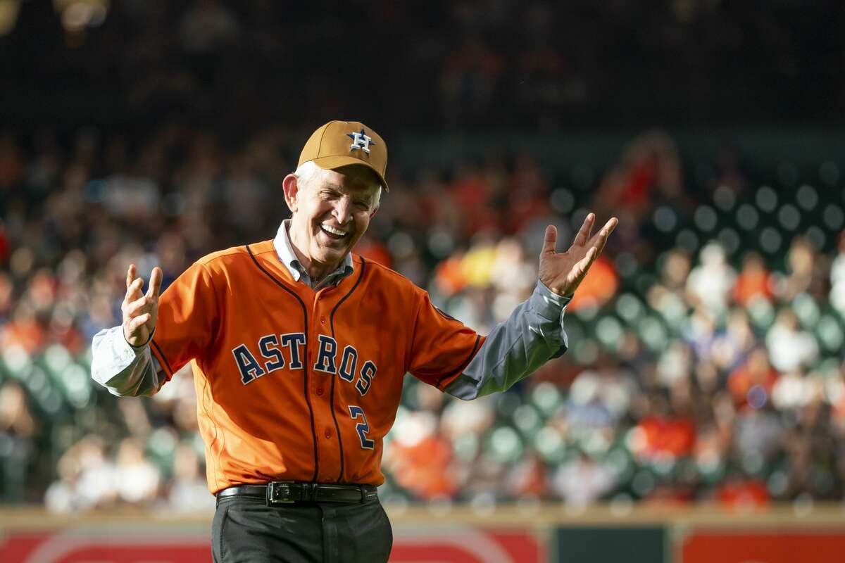 Jim McIngvale, "Mattress Mac," reacts after throwing out the first pitch before a game between the Houston Astros and Texas Rangers on Friday, July 23, 2021, at Minute Maid Park in Houston.