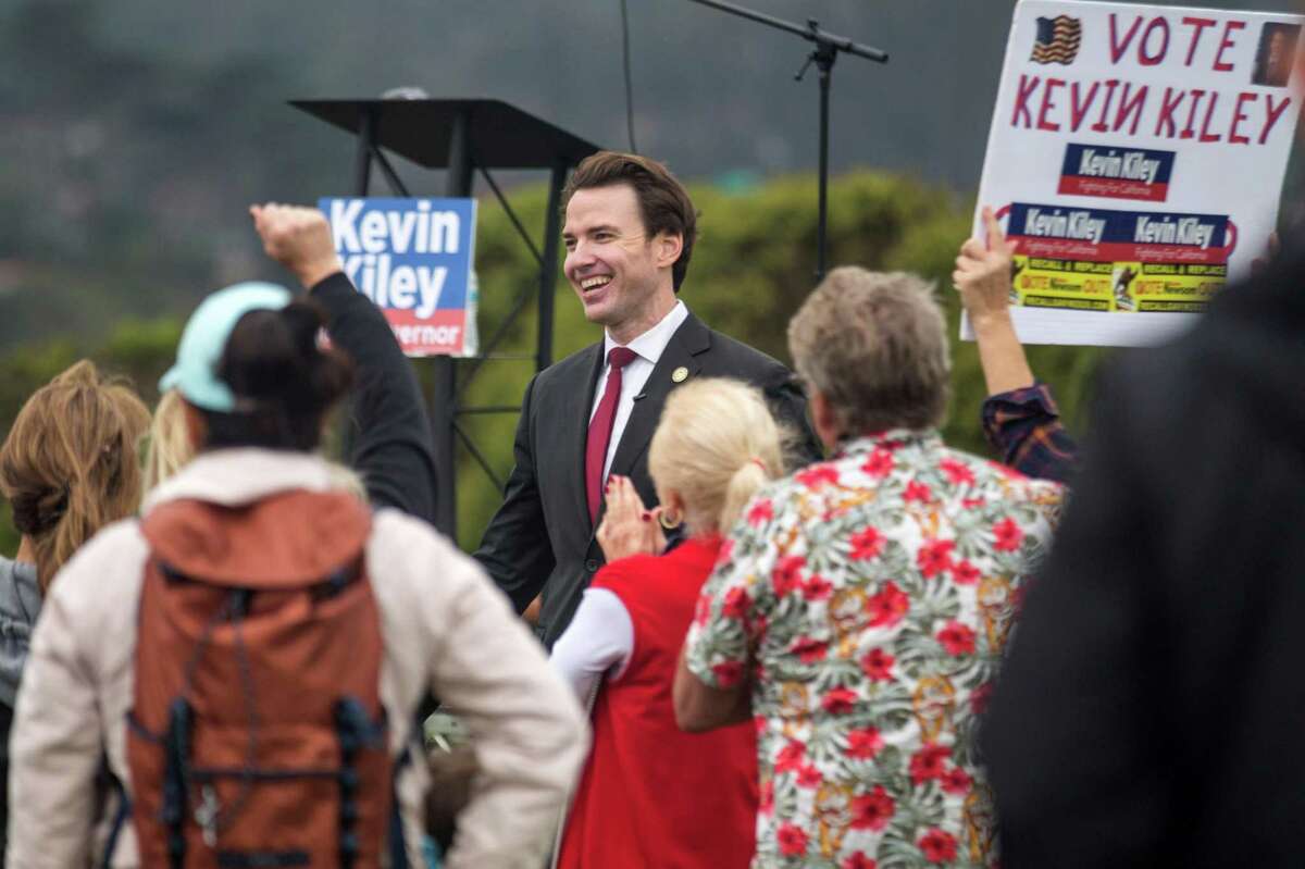 Republican gubernatorial candidate Kevin Kiley meets supporters during a rally at Crissy Field in San Francisco.