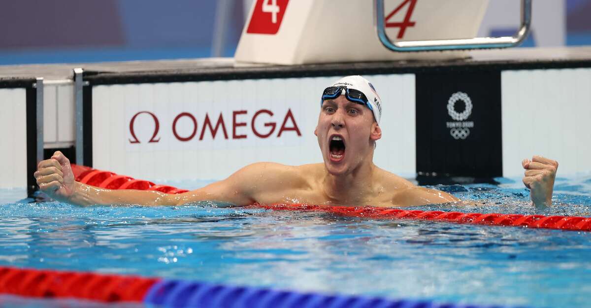 Chase Kalisz of Team United States celebrates after winning the Men's 400m Individual Medley Final on day two of the Tokyo 2020 Olympic Games at Tokyo Aquatics Centre on July 25, 2021 in Tokyo, Japan. (Photo by Al Bello/Getty Images)