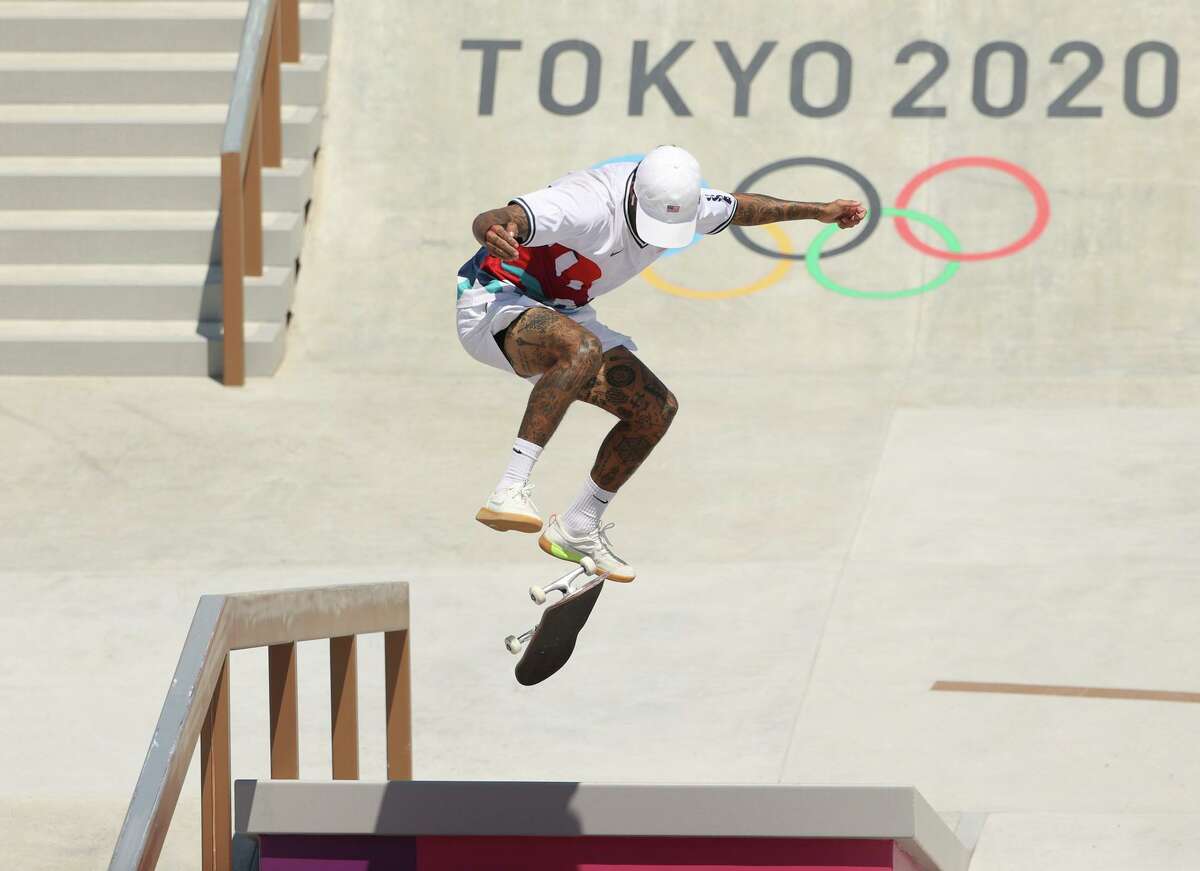 TOKYO, JAPAN - JULY 25: Nyjah Huston of Team USA competes at the Skateboarding Men's Street Prelims on day two of the Tokyo 2020 Olympic Games at Ariake Urban Sports Park on July 25, 2021 in Tokyo, Japan. (Photo by Ezra Shaw/Getty Images)