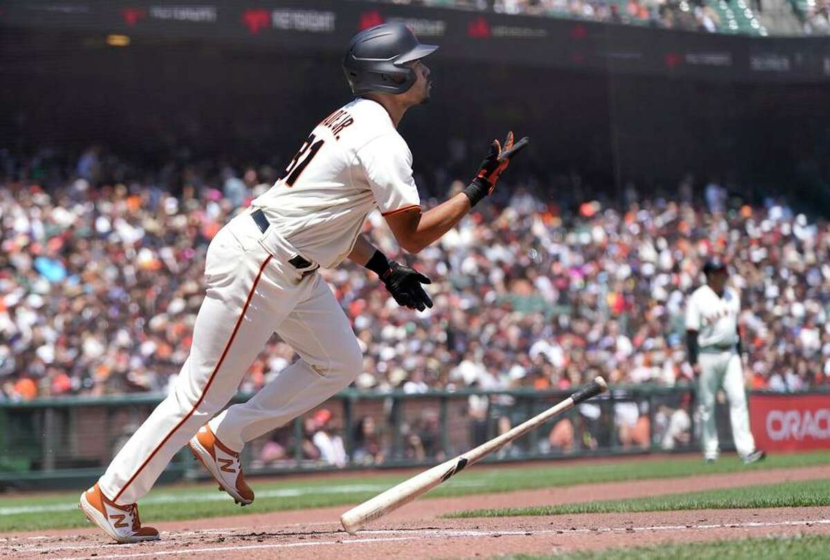 The Giants’ LaMonte Wade Jr. watches his home run against the Pirates in the third. Wade hit two out and has 12 total.