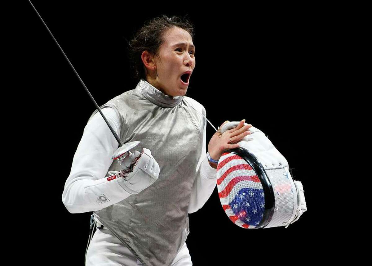 American fencer Lee Kiefer celebrates after winning the women's foil individual Fencing semifinal 2 against Larisa Korobeynikova of Team ROC on day two of the Tokyo 2020 Olympic Games at Makuhari Messe Hall on July 25, 2021 in Chiba, Japan. (Photo by Matthias Hangst/Getty Images)