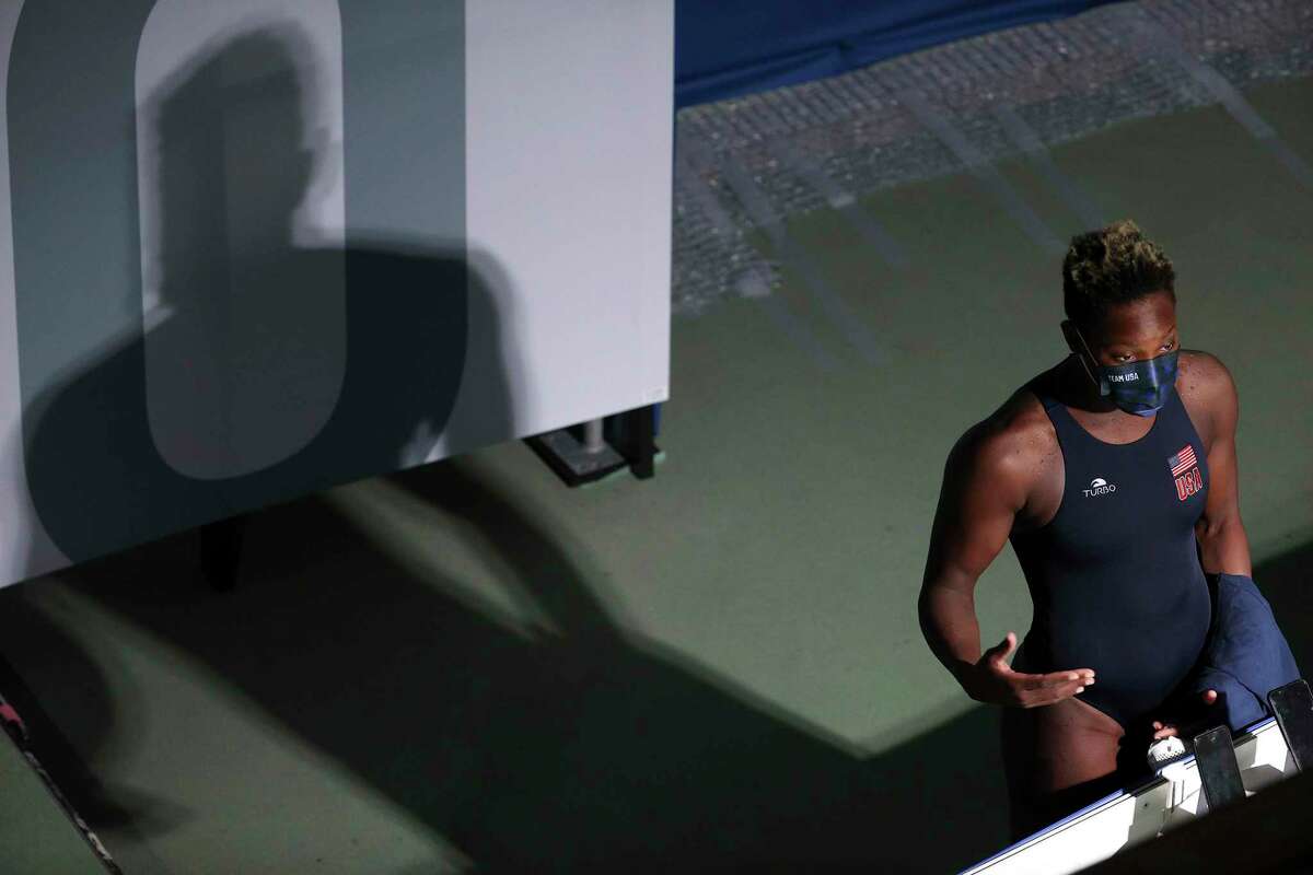 Ashleigh Johnson of Team USA talks to media during the women’s preliminary round Group B water polo match against China on Day 3 of the Tokyo 2020 Olympic Games at Tatsumi Water Polo Centre on July 26, 2021.