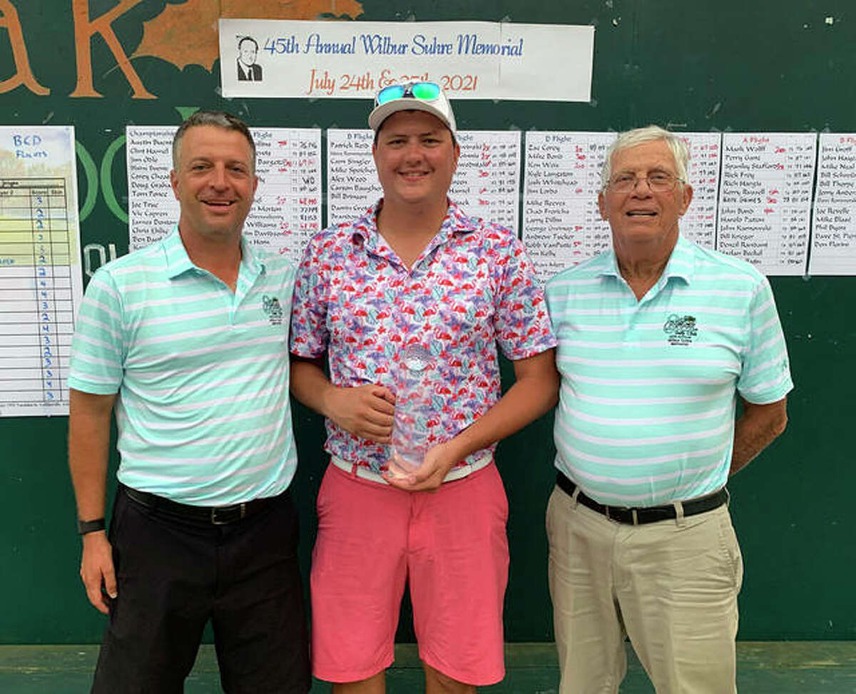 Blaine Buente won the 45th Wilbur Suhre Memorial championship on Sunday at Oak Brook Golf Club in Edwardsville. Pictured from left to right are Mike Suhre, Buente and Larry Suhre.