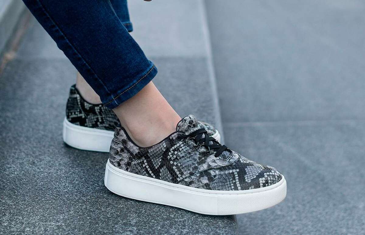 The new Free Rein women’s shoe is available in seven colors, including this printed foil leather than looks like snakeskin.
