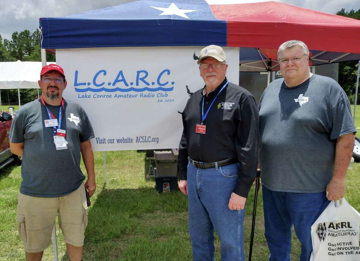The Lake Conroe Amateur Radio Club held its summer field day on June 26. It was a 24-hour operating session to test radio equipment, radio operator skill and to make as many radio contacts as possible in the allotted time frame. Pictured from left are Jim Gatwood, Call Trustee for the group, John Robert Stratton, new ARRL West Gulf Division Director and David Cantrill, President of the Lake Conroe club.