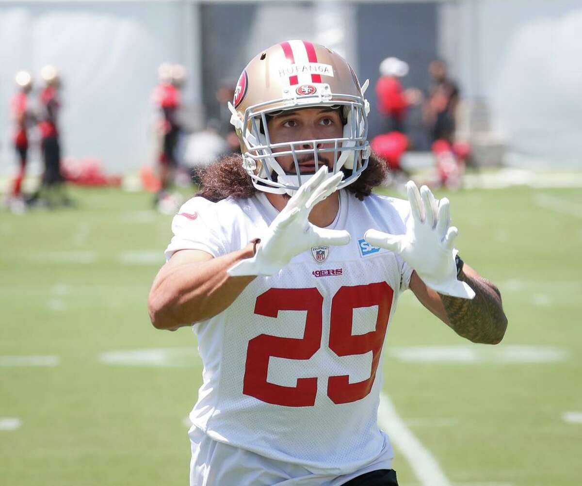 49ers safety Talanoa Hufanga (29) practices at 49ers headquarters on Wednesday, June 2, 2021 in Santa Clara, Calif.