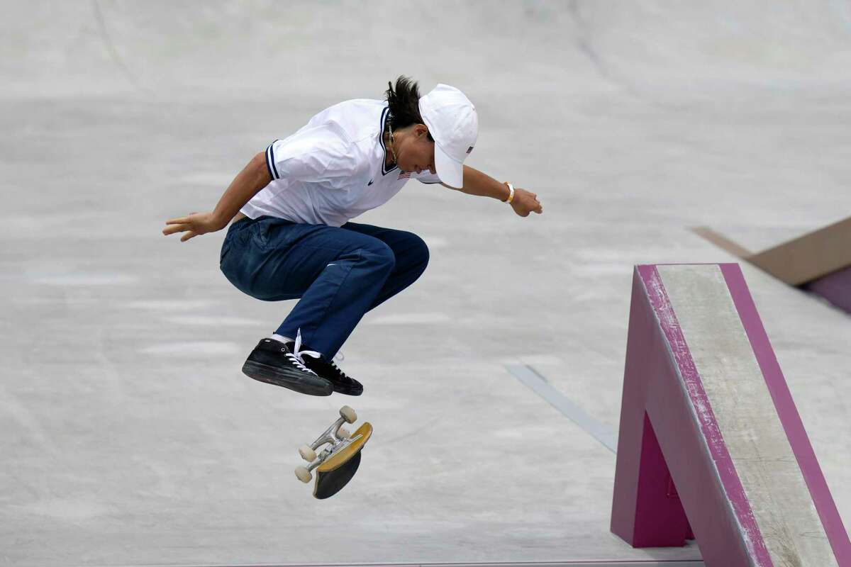 FILE - In this July 26, 2021, file photo, Alexis Sablone of the United States competes in the women's street skateboarding finals at the 2020 Summer Olympics, in Tokyo, Japan. The Tokyo Games are shaping up as a watershed for LGBTQ Olympians. Openly gay Sablone says "it's about time."