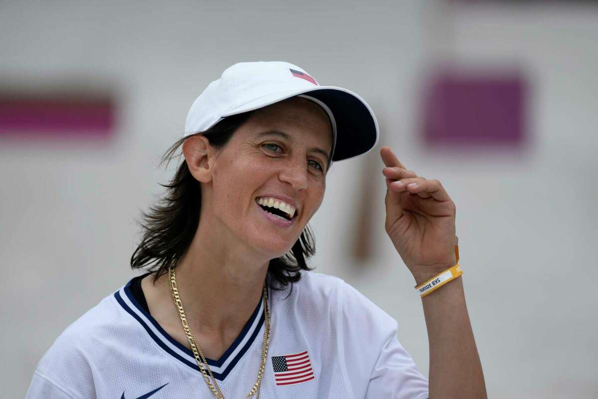 FILE - In this July 26, 2021, file photo, Alexis Sablone of the United States smiles during the women's street skateboarding finals at the 2020 Summer Olympics in Tokyo, Japan. The Tokyo Games are shaping up as a watershed for LGBTQ Olympians. Openly gay Sablone says "it's about time."