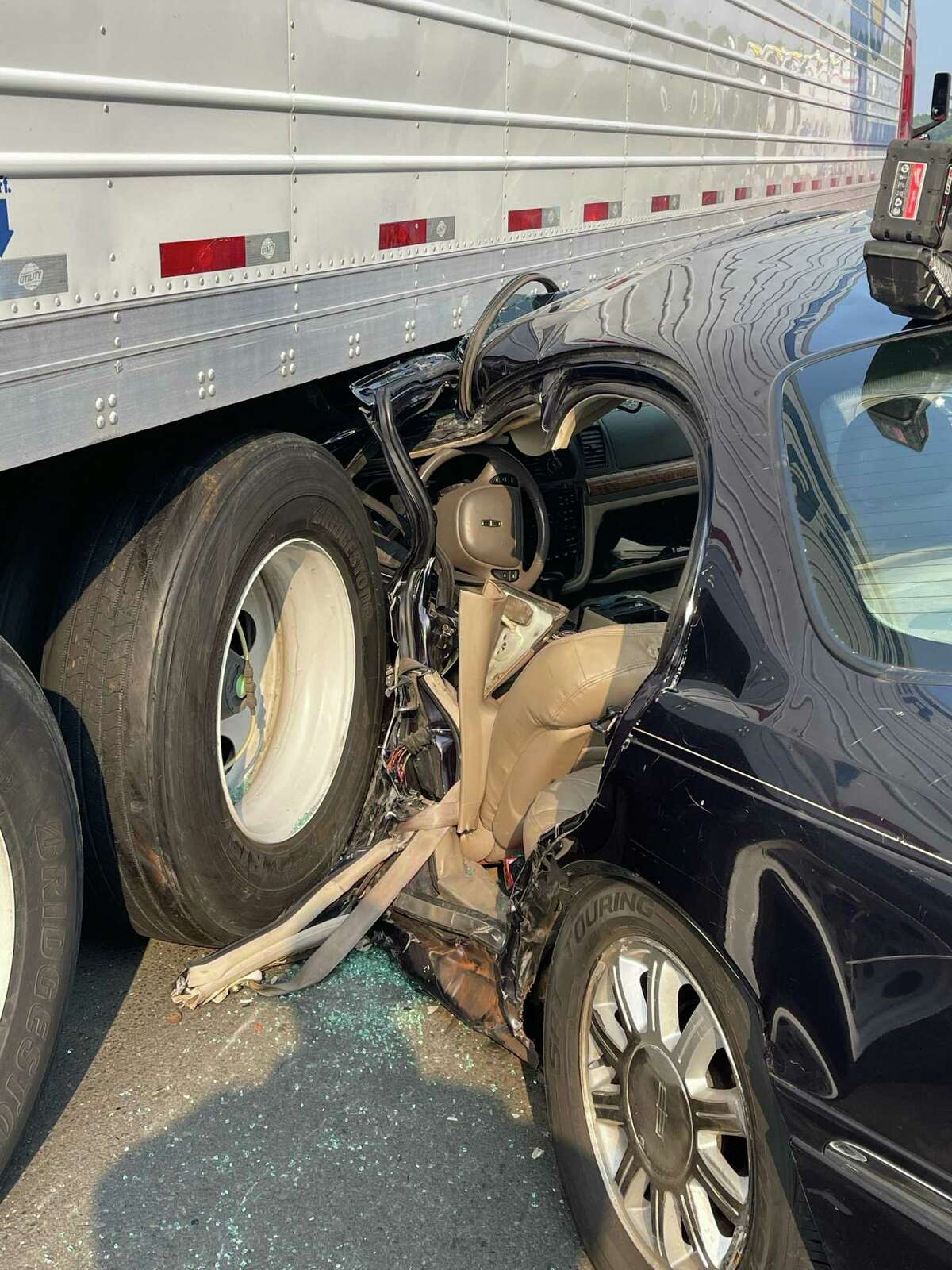 The fire chief said it took crews 23 minutes to free the driver of this vehicle, seen here after the extrication process, following a crash on Interstate 291 in South Windsor, Conn., on Monday, July 26, 2021.