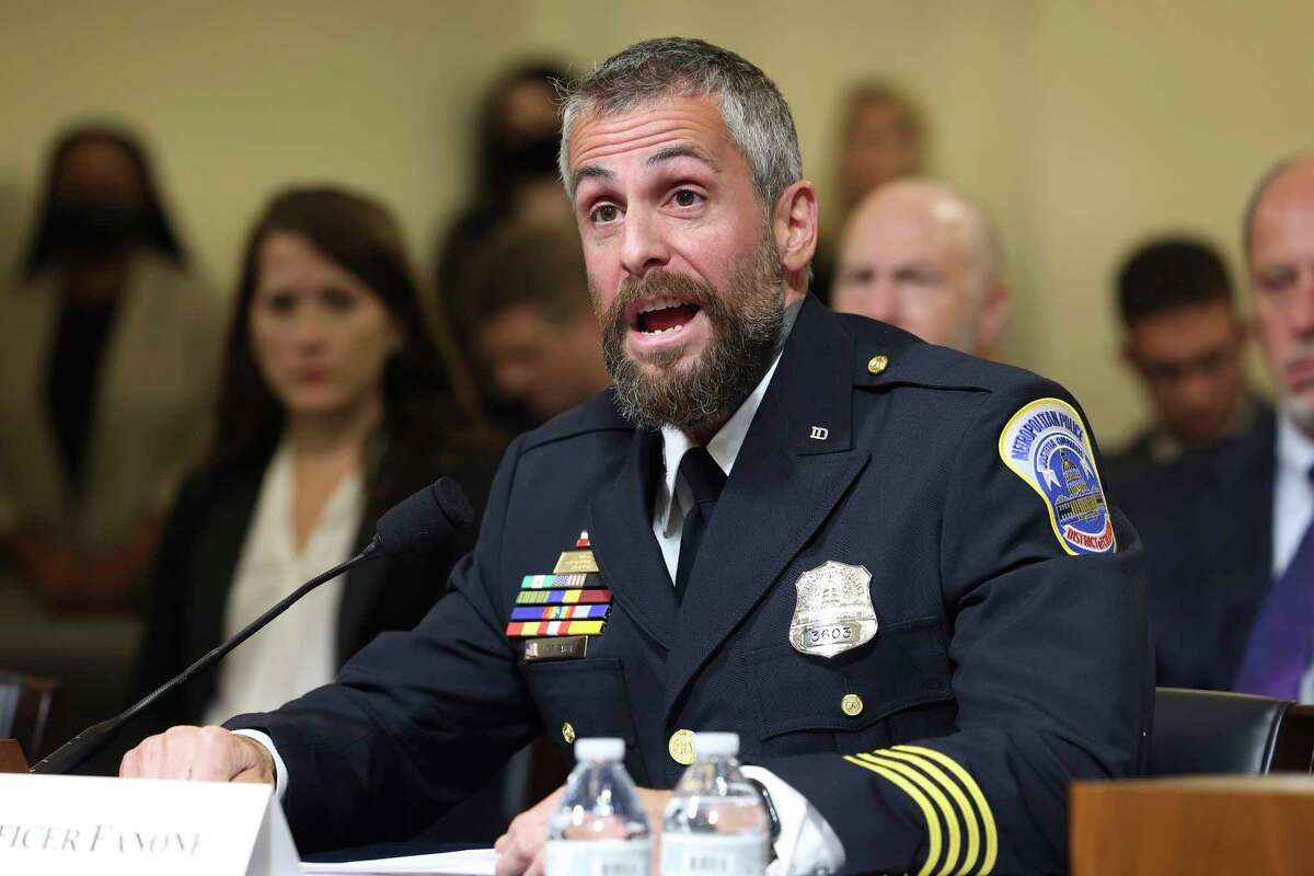 Washington Metropolitan Police Department officer Michael Fanone testifies during the House select committee hearing on the Jan. 6 attack on Capitol Hill in Washington, Tuesday, July 27, 2021. (Jim Lo Scalzo/Pool via AP)