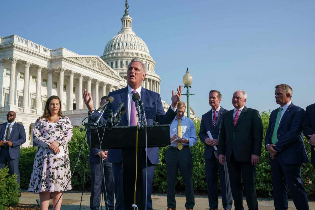 House Minority Leader Kevin McCarthy, R-Calif., joined from left by House Republican Conference Chair Elise Stefanik, R-N.Y., Rep. Jim Jordan, R-Ohio, Rep. Rodney Davis, R-Ill., Minority Whip Steve Scalise, R-La., and Rep. Kelly Armstrong, R-N.D., holds a news conference before the start of a hearing by a select committee appointed by House Speaker Nancy Pelosi on the Jan. 6 insurrection, at the Capitol in Washington, Tuesday, July 27, 2021.