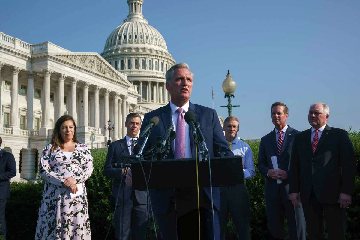 House Minority Leader Kevin McCarthy, R-Calif., joined from left by House Republican Conference Chair Elise Stefanik, R-N.Y., Rep. Jim Banks, R-Ind., Rep. Jim Jordan, R-Ohio, Rep. Rodney Davis, R-Ill., and Minority Whip Steve Scalise, R-La., holds a news conference before the start of a hearing by a select committee appointed by House Speaker Nancy Pelosi on the Jan. 6 insurrection, at the Capitol in Washington, Tuesday, July 27, 2021.