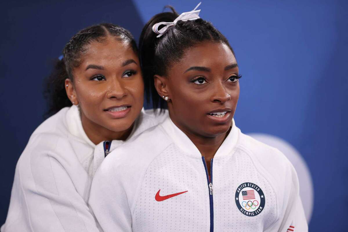 Jordan Chiles and Simone Biles of Team United States react during the Women's Team Final on day four of the Tokyo 2020 Olympic Games at Ariake Gymnastics Centre on July 27, 2021 in Tokyo, Japan.