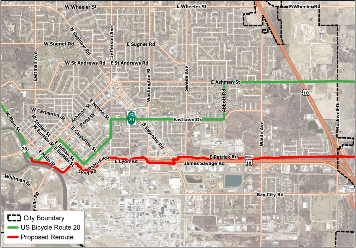 The red line shows a proposed change to U.S. Bike Route 20 that Midland City Council approved on Monday. The green line shows the current route. (Courtesy of the City of Midland) 