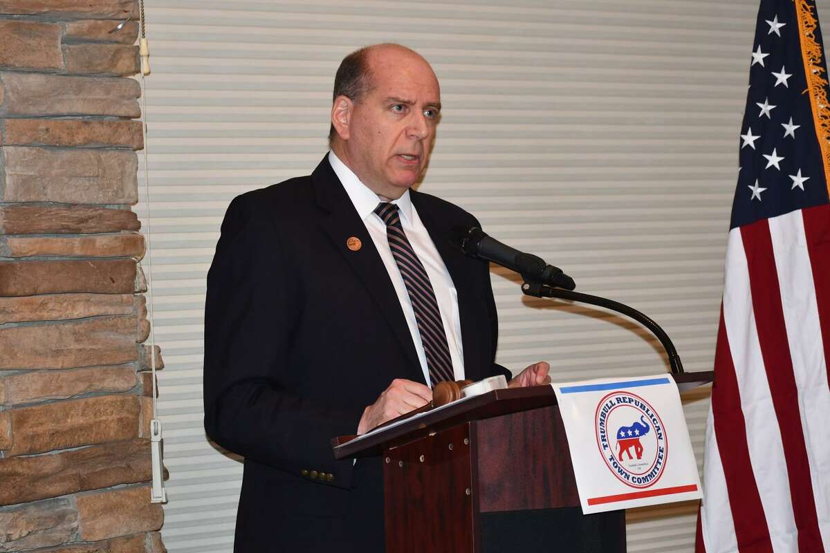Mark Block, the Republican candidate for Trumbull first selectman, speaks during the party’s July 25 nominating convention.