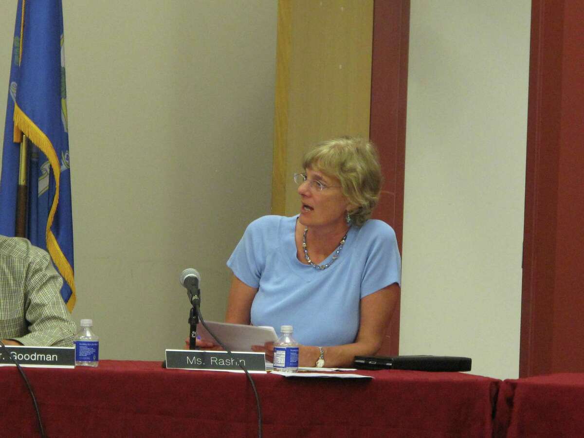 The New Canaan Board of Education's Penny Rashin asks a question about the district goals at the July 22 BOE meeting.