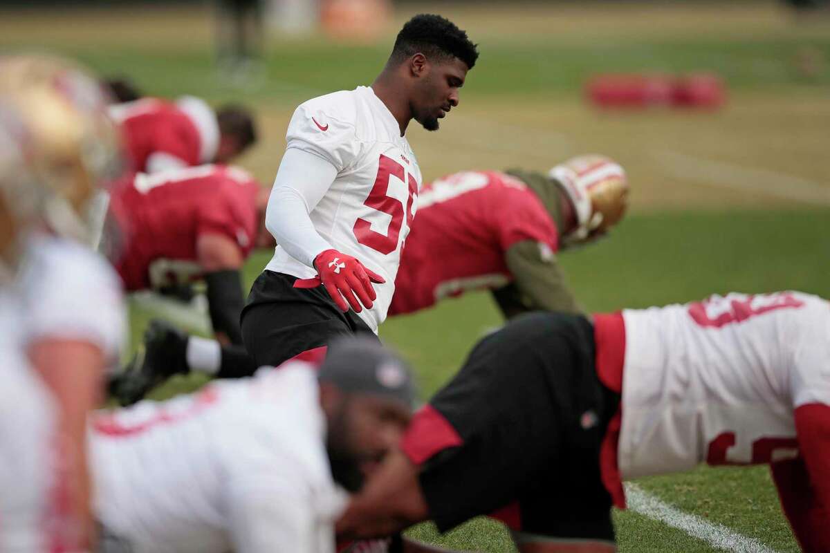 San Francisco 49ers defensive end Dee Ford (55) at the 49ers training facility next to Levi’s Stadium, Wednesday, Jan. 15, 2020, in Santa Clara, Calif. The 49ers will play the Green Bay Packers in the NFC Championship Game on Sunday.