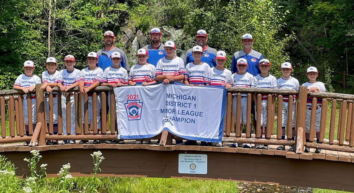 Members of Midland Northeast's team which reached the Little League Baseball minor state tournament semifinals in Norway are (front, from left) Alex Bushre, Wyatt Ghose, Shane Faccio, Jacob Zimmerman, Autumn Luick, Dax Almond, Grady Arnold, Sully Lind, Evan Baczewski, Madden Shepardson, Gavin Randall-Finney, Hayes Gallihugh, and Jacob Donajkowski; and (back, from left) assistant coach Shane Bushre, manager Noah Shepardson, assistant coach Neil Faccio, and assistant coach Chad Gallihugh. 