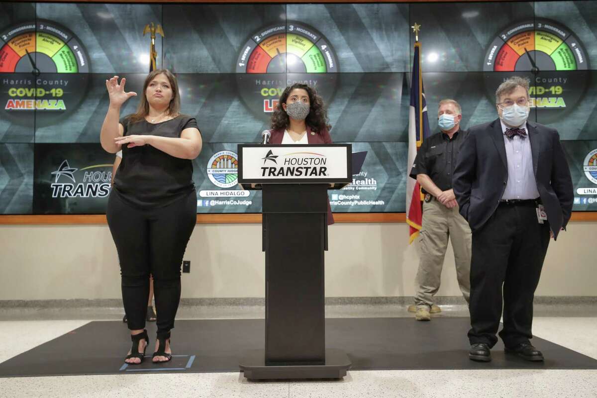 Judge Lina Hidalgo and Dr. Peter Hotez announced the raising of the COVID - 19 Threat to Level Orange at Houston Transtar Thursday, July 22, 2021, in Houston.