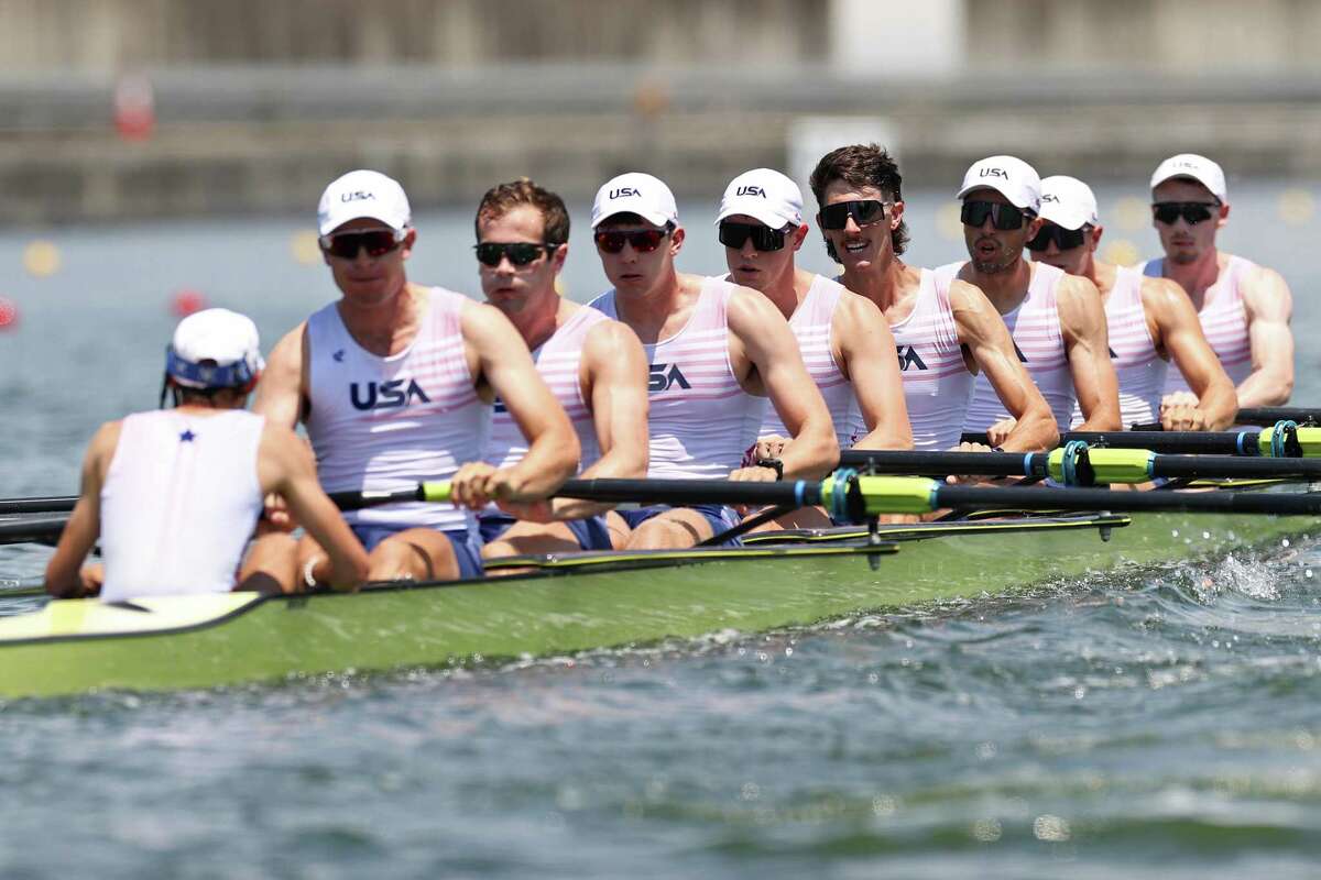 Julian Venonsky, Liam Corrigan, John Harrity, Nicholas Mead, Alexander Richards, Austin Hack, Daniel Miklasevich, Justin Best and Benjamin Davison of Team United States compete during the Men's Eight Heat 1 at the Tokyo 2020 Olympic Games at Sea Forest Waterway on Saturday in Tokyo.