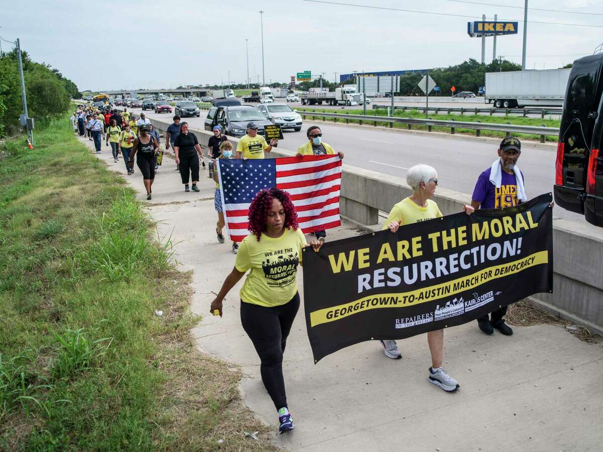 A Voting Rights March takes off from Christ Lutheran Church in Georgetown, Texas, on Wednesday, July 28, 2021. The march will end at the Texas Capitol in Austin on Saturday.