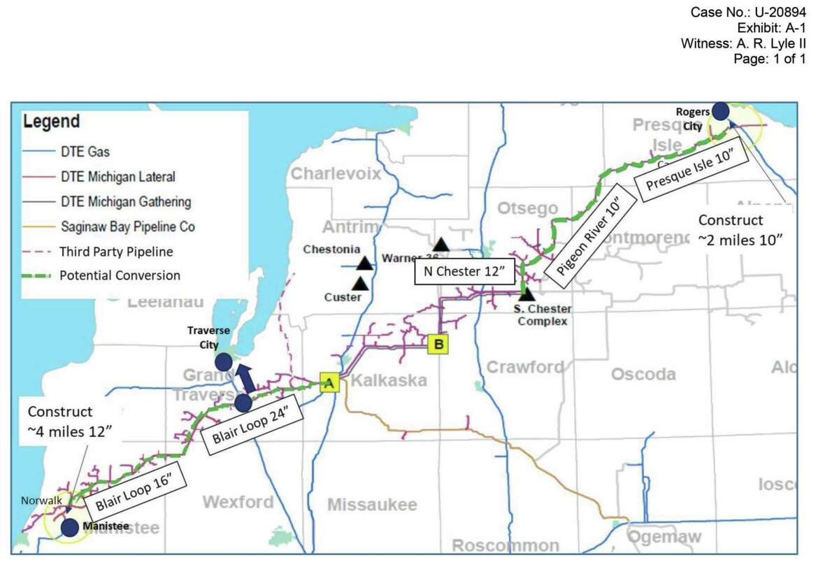 A map of the entire DTE pipeline project from the Norwalk Manistee connector to the Roger City connector. (Courtesy Map/DTE Energy)