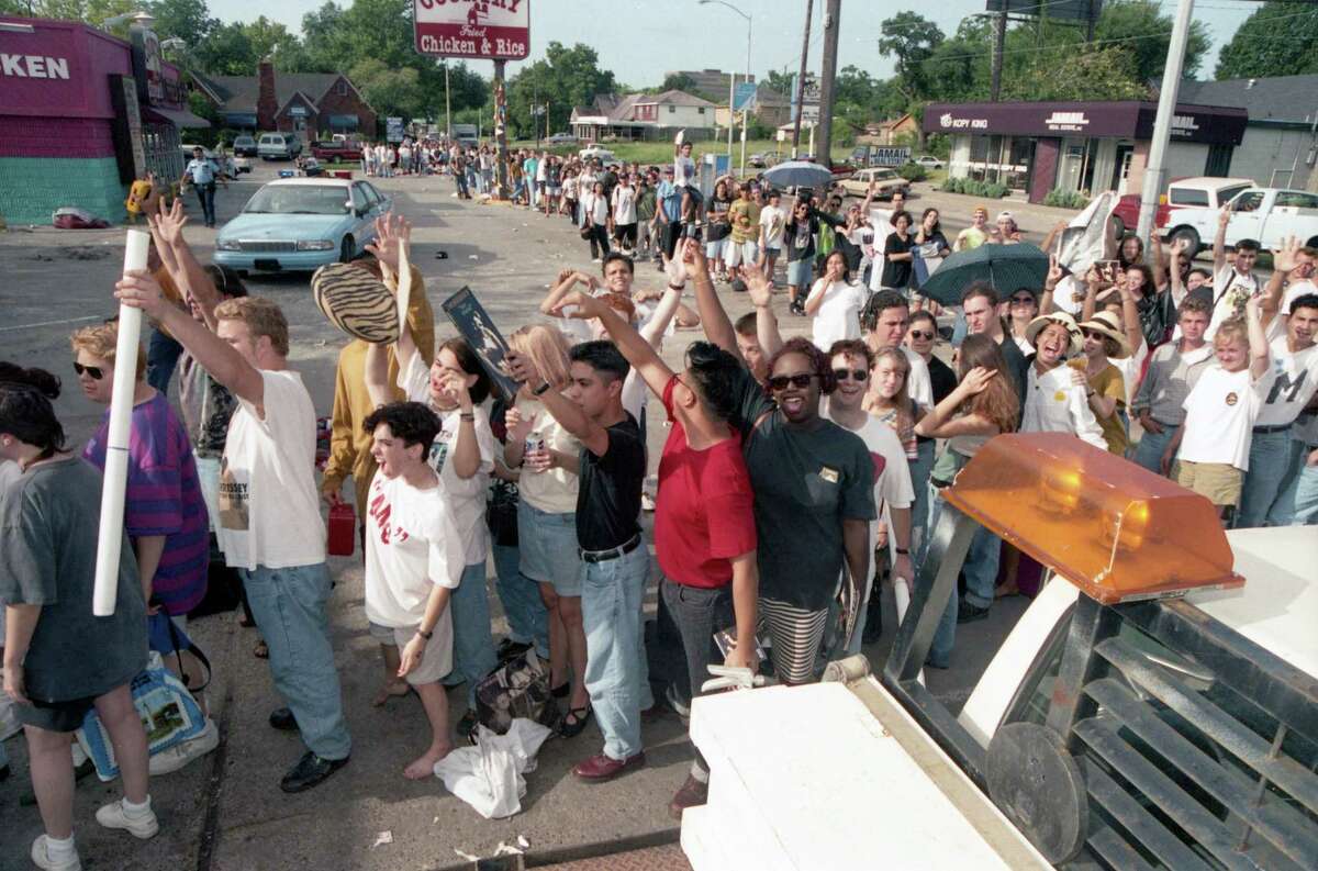 Morrissey fans outside Record Rack, 3109 South Shepherd, July 29 1992.