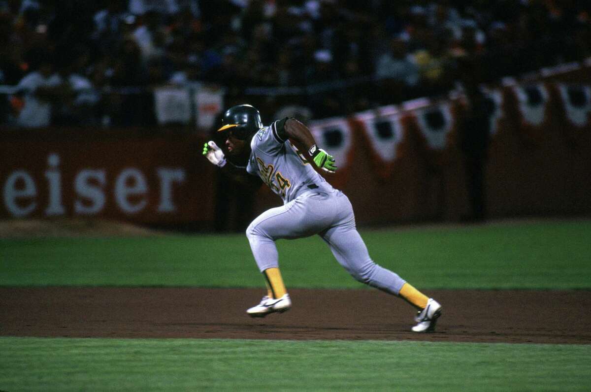 SAN FRANCISCO - OCTOBER: Rickey Henderson #22 of the Oakland Athletics runs during the 1989 World Series against the San Francisco Gaints at Candlestick Park in San Francisco, California, in October. (Photo by Otto Greule Jr/Getty Images)