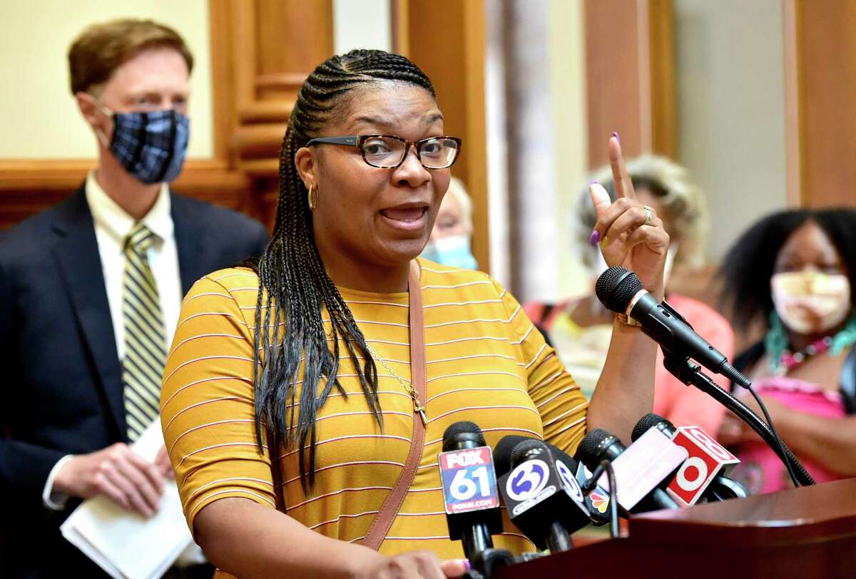 New Haven, Connecticut - Wednesday, July 15, 2020: President of the New Haven Board of Alders Tyisha Walker-Myers addresses a question from a reporter during a press conference Wednesday at New Haven City Hall hosted by New Haven Police Chief Otoniel Reyes and New Haven Mayor Justin Elicker, to provide comment on the City’s plan to address the growing violent crime in the Elm City.