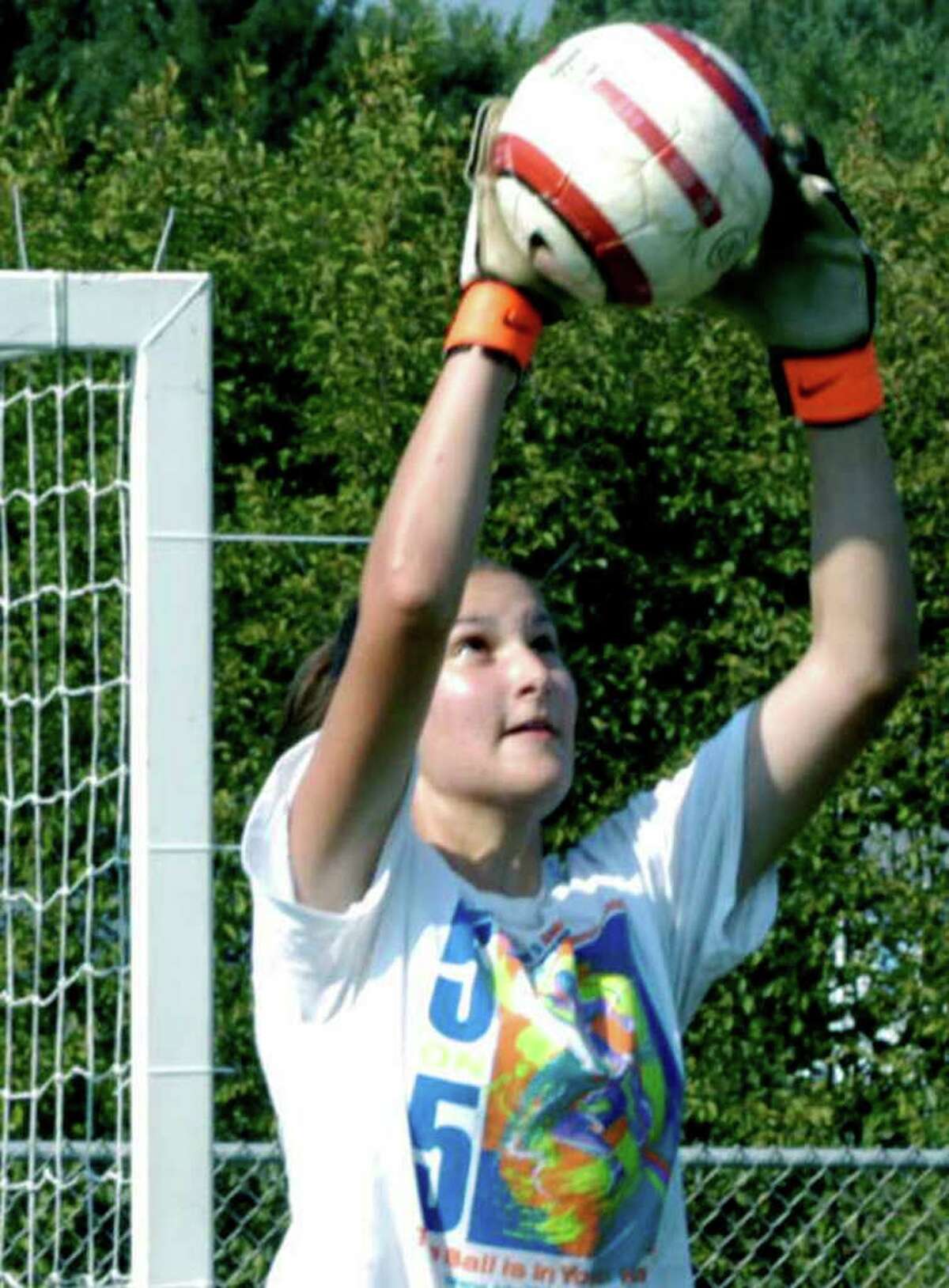 SPECTRUM/New Milford High School girls' soccer goalkeeper Jane Thompson, Sept. 2, 2010.