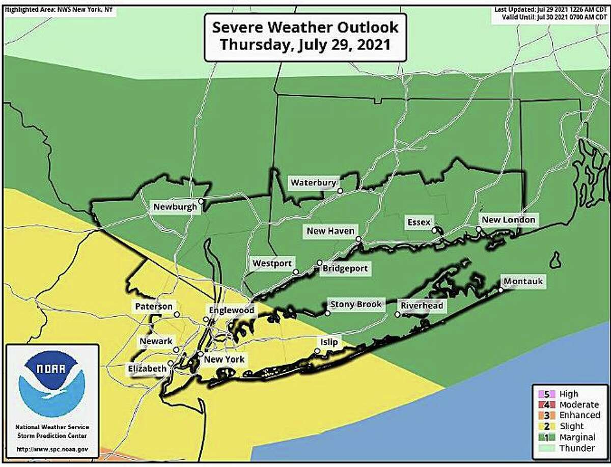 A map showing the possibility of severe weather on Thursday, July 29, 2021.