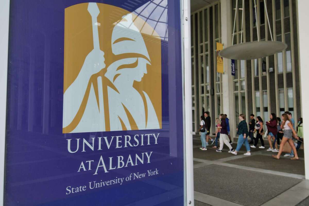 A group of people tour the UAlbany campus on Thursday, July 29, 2021, in Albany, N.Y. (Paul Buckowski/Times Union)