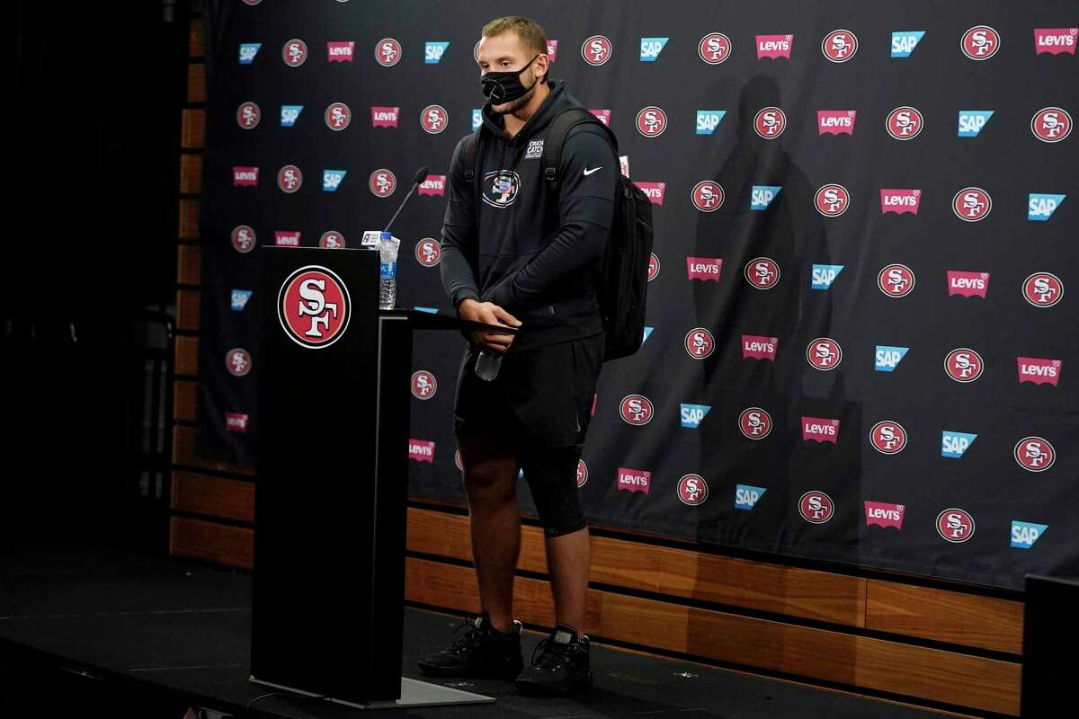 San Francisco 49ers defensive end Nick Bosa speaks during a news conference at NFL football training camp in Santa Clara, Calif., Thursday, July 29, 2021. (AP Photo/Jeff Chiu)