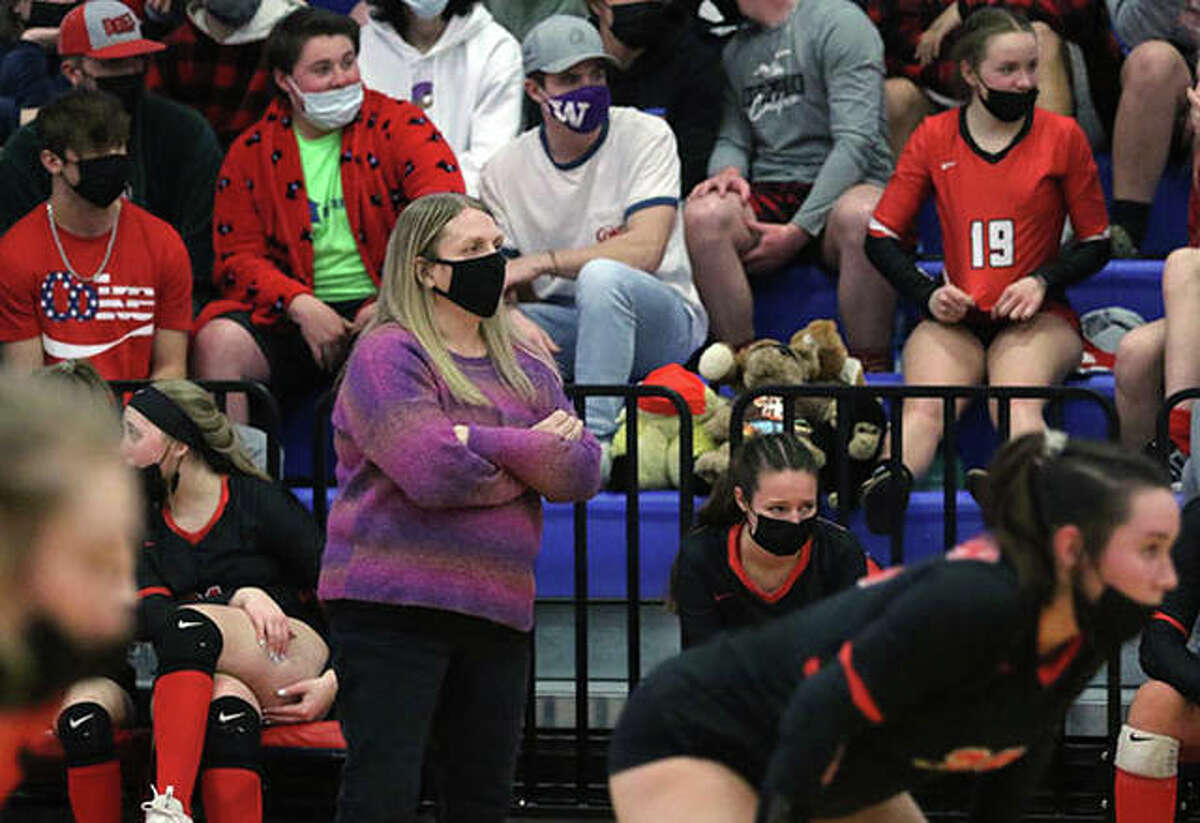 Staunton coach Jeanene Lucykow watches her team in a SCC match at Roxana on March 22. The Bulldogs went 14-2, including 9-0 to win the SCC, and Lucykow is the 2020 Telegraph Girls Volleyball Coach of the Year.